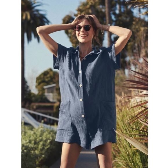 Hatch Pants - Hatch The Lenora Romper Charcoal Blue Grey Short Sleeve 3 Maternity Large XL NWT